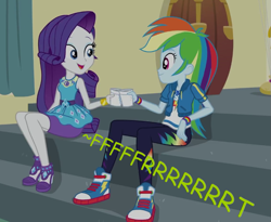 Size: 759x621 | Tagged: safe, artist:thedarkpony, edit, edited screencap, screencap, rainbow dash, rarity, equestria girls, equestria girls series, g4, happily ever after party, cropped, fart, fart edit, fart noise, female, onomatopoeia, rarity peplum dress, sound effects