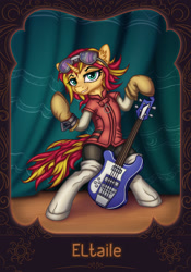 Size: 1886x2700 | Tagged: safe, artist:alrumoon_art, artist:eltaile, sunset shimmer, unicorn, semi-anthro, g4, anime, arm hooves, bass guitar, bracelet, clothes, collaboration, cosplay, costume, female, flcl, goggles, guitar, haruhara haruko, jewelry, mare, musical instrument, solo, sunset cosplay flashmob