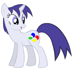 Size: 787x741 | Tagged: safe, artist:gamemastertom, oc, oc only, oc:16-bit, pony, unicorn, female, full body, hooves, horn, looking back, mare, open mouth, open smile, show accurate, simple background, smiling, solo, standing, tail, transparent background, unicorn oc, vector