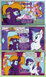 Size: 1920x3169 | Tagged: safe, artist:alexdti, rarity, oc, oc:aqua lux, oc:purple creativity, oc:warm focus, earth pony, pegasus, pony, unicorn, comic:quest for friendship, g4, bandage, blushing, comic, dialogue, female, floppy ears, folded wings, glasses, glowing, glowing horn, high res, hoof hold, hooves, horn, indoors, looking at someone, looking away, mare, onomatopoeia, open mouth, open smile, outdoors, pegasus oc, ponytail, raised hoof, shoulder angel, shoulder devil, smiling, speech bubble, standing, tail, underhoof, wings