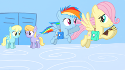 Size: 1280x720 | Tagged: safe, artist:mlplary6, cloud kicker, fluttershy, rainbow dash, sassaflash, pegasus, pony, g4, bag, book, childhood friends, eye contact, female, filly, filly fluttershy, filly rainbow dash, flying, foal, friends, hoof hold, hooves, looking at each other, looking at someone, pointing, shading, smiling, spread wings, standing, wings, younger