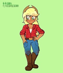 Size: 1440x1669 | Tagged: safe, artist:seasemissary, applejack, human, g4, boots, clothes, green background, humanized, masculine, moderate dark skin, pants, shirt, shoes, simple background, solo