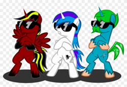 Size: 840x576 | Tagged: safe, artist:masterrottweiler, artist:the-deviant-kaba, artist:verachu, oc, oc only, alicorn, pony, unicorn, alicorn oc, alpha channel, base used, bipedal, checkered background, crossed hooves, horn, sunglasses, trio, wings