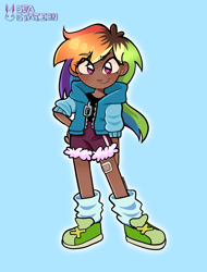 Size: 2110x2780 | Tagged: safe, artist:seasemissary, rainbow dash, human, g4, blue background, clothes, dark skin, high res, hoodie, humanized, shorts, simple background, solo