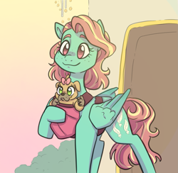 Size: 1259x1230 | Tagged: safe, artist:smirk, oc, unnamed oc, diamond dog, pegasus, pony, adopted offspring, baby, baby carrier, bow, diamond puppy, duo, female, freckles, mother and child, mother and daughter