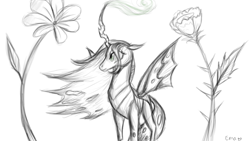 Size: 1600x900 | Tagged: safe, artist:sunniesfunthecupcake, queen chrysalis, changeling, changeling queen, g4, female, flower, monochrome, sketch, solo