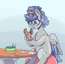 Size: 1259x1230 | Tagged: safe, artist:smirk, oc, oc only, unnamed oc, bird, pegasus, pony, clay, figurine, headband, mouth hold, paintbrush, painting, rooster, simple background, sitting, solo, table