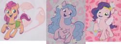 Size: 1234x454 | Tagged: safe, edit, izzy moonbow, pipp petals, sunny starscout, earth pony, pegasus, pony, unicorn, g5, my little pony: a new generation, official, 2d, accessory, bag, compilation, cropped, excited, friendly, heart, looking at you, looking away, merchandise, miscolored, missing horn, pattern, prancing, raised hoof, royalty, russia, smiling, smiling at you, stars