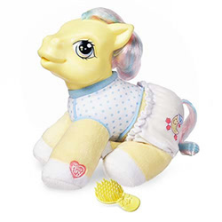 Size: 300x300 | Tagged: safe, bright night (g3), pony, g3, baby, baby pony, brush, clothes, diaper, electronic toy, female, filly, foal, g3 brightorable, heart, hoof heart, shirt, simple background, smiling, so soft, toenails, toy, white background