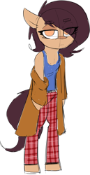 Size: 889x1726 | Tagged: safe, artist:lockheart, oc, oc only, oc:lockie, earth pony, semi-anthro, arm hooves, clothes, female, lidded eyes, looking at you, mare, off shoulder, pants, shirt, simple background, solo, transparent background, unamused