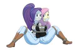 Size: 4152x2832 | Tagged: safe, artist:carnifex, fluttershy, rarity, equestria girls, g4, arm behind back, back to back, bondage, boots, bound together, breasts, clothes, cowboy boots, cowgirl, duo, duo female, female, gag, help us, jeans, looking at each other, looking at someone, looking back, pants, rope, rope bondage, shirt, shoes, simple background, sitting, tape, tape gag, tied up, white background