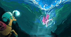 Size: 2900x1500 | Tagged: safe, artist:megalura, pinkie pie, princess skystar, earth pony, fish, pony, seapony (g4), g4, bioluminescent, crepuscular rays, female, glowing, mare, ocean, sunlight, swimming, underwater, water