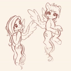 Size: 4096x4064 | Tagged: safe, artist:miokomata, fluttershy, rainbow dash, pegasus, pony, g4, absurd resolution, duo, female, flying, freckles, freckleshy, looking at you, mare, monochrome, sepia, simple background, sketch, smiling, smiling at you