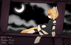 Size: 2235x1431 | Tagged: safe, artist:lockheart, oc, oc only, oc:aria, earth pony, pony, clothes, crescent moon, dress, female, in memoriam, kentaro miura, lidded eyes, mare, moon, night, night sky, rest in peace, scar, sitting, sky, solo, stars