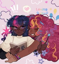 Size: 1187x1280 | Tagged: safe, artist:lorycoffes, pinkie pie, twilight sparkle, human, g4, bangs, blushing, book, bracelet, clothes, colored pupils, dark skin, duo, duo female, exclamation point, eyebrows, eyebrows visible through hair, eyelashes, eyes closed, female, glasses, grin, hairclip, happy, headband, heart, heart eyes, humanized, jewelry, lesbian, ship:twinkie, shipping, simple background, smiling, speech bubble, stars, sweater, turtleneck, wand, wingding eyes