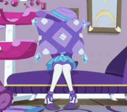 Size: 428x378 | Tagged: safe, screencap, rarity, camping must-haves, equestria girls, g4, my little pony equestria girls: better together, :o, animated, cropped, cute, female, geode of shielding, gif, hat, magical geodes, open mouth, peekaboo, pillow, rarara, raribetes, rarity peplum dress, rarity's bedroom, sitting