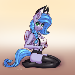 Size: 3306x3306 | Tagged: safe, artist:dandy, oc, oc only, oc:sapphire crystal, pegasus, anthro, unguligrade anthro, armpits, bowtie, braid, breasts, bunny ears, bunny suit, cleavage, clothes, ear fluff, female, high res, kneeling, looking at you, pegasus oc, questionable source, short shirt, smiling, solo, stockings, suspenders, thigh highs, wings