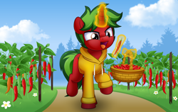 Size: 5000x3158 | Tagged: safe, artist:jhayarr23, oc, oc only, oc:piquant pepper, pony, unicorn, food, malagueta, pepper, plantation, red peppers, solo