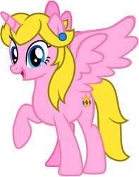 Size: 908x1153 | Tagged: safe, artist:darkpinkmonster, artist:famousmari5, alicorn, pony, alicornified, base used, blue eyes, crossover, ear piercing, earring, jewelry, looking at you, open mouth, piercing, ponified, princess peach, race swap, simple background, smiling, smiling at you, super mario bros., transparent background, vector, yellow hair