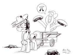 Size: 1200x900 | Tagged: safe, artist:mellodillo, applejack, pinkie pie, earth pony, pony, applejack is not amused, black and white, cart, duo, female, food, frown, grayscale, mare, messy, monochrome, nose in the air, open mouth, open smile, pi, pi day, pie, pinkie pi, pun, simple background, smiling, speech bubble, squint, unamused, volumetric mouth, white background