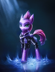 Size: 2050x2664 | Tagged: safe, artist:stdeadra, tempest shadow, pony, unicorn, g4, armor, blue background, eyebrow piercing, female, high res, lightning, looking at you, magic, mare, piercing, purple hair, reflection, shadow, simple background, smiling, smiling at you, solo, speedpaint