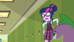 Size: 3410x1920 | Tagged: safe, screencap, sci-twi, spike, spike the regular dog, twilight sparkle, dog, equestria girls, friendship games, g4, duo, female, glasses, hallway, high res, lockers, magic capture device, male, open mouth