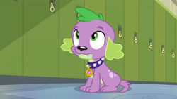 Size: 3410x1920 | Tagged: safe, screencap, spike, spike the regular dog, dog, equestria girls, friendship games, g4, hallway, high res, lockers, male, solo