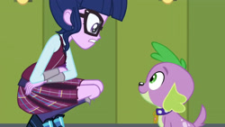 Size: 3410x1920 | Tagged: safe, screencap, sci-twi, spike, spike the regular dog, twilight sparkle, dog, equestria girls, friendship games, g4, duo, female, glasses, high res, lockers, magic capture device, male, smiling