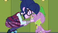 Size: 3410x1920 | Tagged: safe, screencap, sci-twi, spike, spike the regular dog, twilight sparkle, dog, equestria girls, friendship games, g4, cute, duo, eyes closed, female, glasses, high res, licking, lockers, magic capture device, male, open mouth, open smile, smiling, spikabetes, tongue out