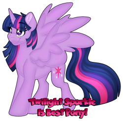 Size: 1280x1262 | Tagged: safe, artist:missbramblemele, twilight sparkle, alicorn, pony, best pony, ear fluff, eye clipping through hair, eyebrows, eyebrows visible through hair, female, hooves, horn, mare, simple background, smiling, solo, spread wings, standing, tail, text, transparent background, twilight sparkle (alicorn), wings