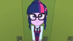 Size: 3410x1920 | Tagged: safe, screencap, sci-twi, twilight sparkle, equestria girls, g4, my little pony equestria girls: friendship games, bun, clothes, crystal prep academy uniform, cute, female, glasses, hairpin, high res, lockers, magic capture device, school uniform, sci-twiabetes, smiling, solo, twiabetes