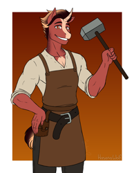 Size: 2800x3600 | Tagged: safe, artist:hasana-chan, oc, oc only, oc:firefall, unicorn, anthro, unguligrade anthro, anthro oc, apron, blacksmith, clothes, commission, digital art, gift art, gradient background, grin, hammer, high res, hoers, horn, male, smiling, solo, stallion, unicorn oc