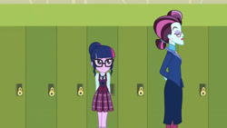 Size: 3410x1920 | Tagged: safe, screencap, principal abacus cinch, sci-twi, twilight sparkle, equestria girls, g4, my little pony equestria girls: friendship games, duo, duo female, eyes closed, female, glasses, high res, lockers, magic capture device