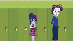 Size: 3410x1920 | Tagged: safe, screencap, principal abacus cinch, sci-twi, twilight sparkle, equestria girls, g4, my little pony equestria girls: friendship games, duo, duo female, female, glasses, high res, lockers, magic capture device