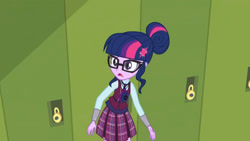 Size: 3410x1920 | Tagged: safe, screencap, sci-twi, twilight sparkle, equestria girls, g4, my little pony equestria girls: friendship games, female, glasses, high res, lockers, magic capture device, open mouth, solo