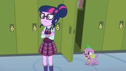 Size: 3410x1920 | Tagged: safe, screencap, sci-twi, spike, spike the regular dog, twilight sparkle, dog, equestria girls, g4, my little pony equestria girls: friendship games, duo, female, glasses, high res, lockers, magic capture device, male, open mouth