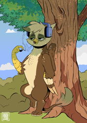 Size: 2480x3508 | Tagged: safe, artist:raph13th, oc, oc only, oc:dillinger, griffon, bipedal, bush, chest fluff, cloud, day, drugs, feathered wings, folded wings, grass, griffon oc, headphones, high res, joint, leonine tail, lidded eyes, male, marijuana, outdoors, paws, sky, smoking, solo, tail, tree, wings
