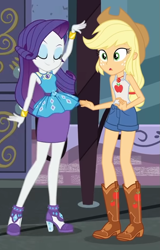 Size: 609x949 | Tagged: safe, edit, edited screencap, screencap, applejack, rarity, equestria girls, g4, my little pony equestria girls: better together, street chic, armpits, bare shoulders, clothes, cropped, duo, duo female, female, rarity peplum dress, sleeveless