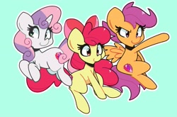 Size: 3211x2115 | Tagged: safe, artist:kindakismet, apple bloom, scootaloo, sweetie belle, earth pony, pegasus, pony, unicorn, g4, adorabloom, bow, cute, cutealoo, cutie mark crusaders, diasweetes, female, filly, foal, hair bow, high res, simple background, smiling, trio