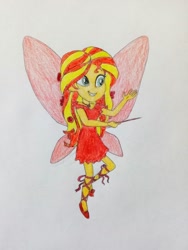 Size: 864x1152 | Tagged: safe, artist:wildguardianangel31, sunset shimmer, fairy, equestria girls, g4, ballet slippers, barely eqg related, clothes, crossover, fairy wings, fairyized, flower, flower in hair, geode of empathy, jewelry, magic wand, magical geodes, necklace, rainbow magic (series), red dress, red shoes, red wings, rose, ruby the red fairy, shoes, solo, traditional art, wings