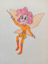 Size: 864x1152 | Tagged: safe, artist:wildguardianangel31, pinkie pie, fairy, equestria girls, g4, amber the orange fairy, barely eqg related, bodysuit, boots, clothes, crossover, fairy wings, fairyized, flower, flower in hair, geode of sugar bombs, jewelry, magic wand, magical geodes, necklace, open mouth, orange wings, pigtails, rainbow magic (series), shoes, solo, traditional art, wings