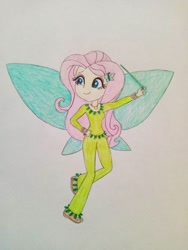 Size: 864x1152 | Tagged: safe, artist:wildguardianangel31, fluttershy, fairy, equestria girls, g4, barely eqg related, bracelet, clothes, crossover, fairy wings, fairyized, fern the green fairy, geode of fauna, green clothes, green wings, hairpin, jewelry, looking away, magic wand, magical geodes, necklace, rainbow magic (series), shoes, solo, traditional art, wings