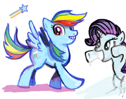 Size: 600x470 | Tagged: safe, artist:sukaponta, rainbow dash, rarity, pegasus, pony, unicorn, g4, bipedal, duo, female, horn, looking at you, mare, rainbow, simple background, spread wings, stars, white background, wings