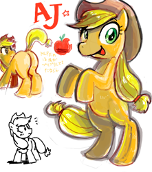 Size: 600x680 | Tagged: safe, artist:sukaponta, applejack, earth pony, pony, g4, apple, applejack's hat, bipedal, butt, cowboy hat, female, food, hat, japanese, looking at you, mare, plot, simple background, solo, standing on two hooves, stars, white background