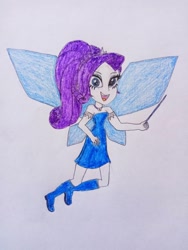 Size: 864x1152 | Tagged: safe, artist:wildguardianangel31, rarity, fairy, equestria girls, g4, bare shoulders, barely eqg related, blue dress, blue wings, boots, clothes, crossover, dress, fairy wings, fairyized, geode of shielding, jewelry, looking at you, magic wand, magical geodes, necklace, open mouth, ponytail, rainbow magic (series), shoes, sky the blue fairy, solo, strapless, traditional art, wings