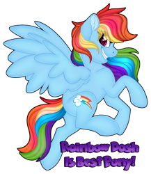 Size: 1280x1475 | Tagged: safe, artist:missbramblemele, rainbow dash, pegasus, pony, g4, best pony, ear fluff, eye clipping through hair, female, grin, hooves, mare, simple background, smiling, solo, sparkly eyes, spread wings, tail, text, transparent background, wingding eyes, wings