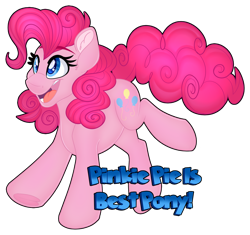 Size: 1280x1205 | Tagged: safe, artist:missbramblemele, pinkie pie, earth pony, pony, g4, best pony, ear fluff, female, hooves, mare, open mouth, open smile, simple background, smiling, solo, sparkly eyes, tail, text, transparent background, wingding eyes