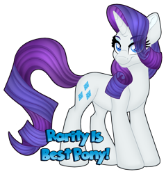 Size: 1280x1341 | Tagged: safe, artist:missbramblemele, rarity, pony, unicorn, g4, best pony, eye clipping through hair, female, hooves, horn, mare, simple background, smiling, solo, sparkly eyes, standing, tail, text, transparent background, wingding eyes