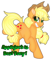 Size: 1280x1503 | Tagged: safe, artist:missbramblemele, applejack, earth pony, pony, g4, applejack's hat, best pony, braid, cowboy hat, ear fluff, eye clipping through hair, female, grin, hat, hooves, mare, raised hoof, simple background, smiling, solo, sparkly eyes, tail, text, transparent background, wingding eyes