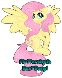 Size: 1280x1603 | Tagged: safe, artist:missbramblemele, fluttershy, pegasus, pony, best pony, cute, ear fluff, female, floppy ears, hooves, mare, shyabetes, simple background, smiling, solo, spread wings, tail, text, transparent background, truth, wings